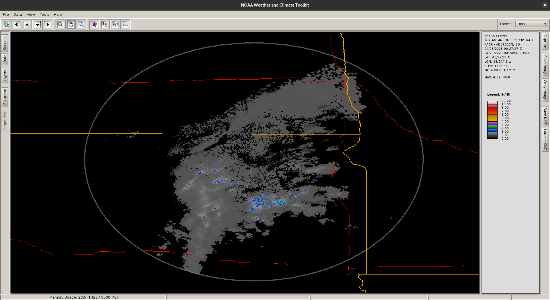 Screenshot of the NOAA Weather and Climate Toolkit with a DIPR product from KABR loaded