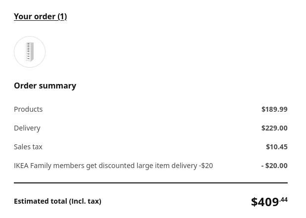 Screenshot of the checkout page with the drawers in my cart; the drawers themselves only cost $190, but the shipping is $230